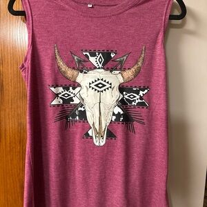 Women's Sleeveless Top with Bull Skull Print - Burgundy